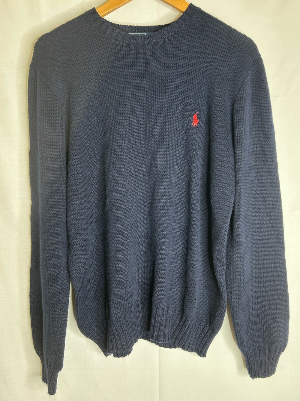 Polo by Ralph Lauren Vtg Navy Crewneck Cotton Sweater with Red Pony Size Small